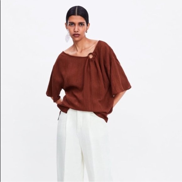 ZARA BURNT ORANGE DRAPED ASYMMETRIC BLOUSE - Picture 3 of 3